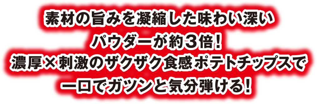 素材の旨みを凝縮した味わい深いパウダーが約3倍！濃厚×刺激のザクザク食感ポテトチップスで一口ガツンと気分弾ける！
